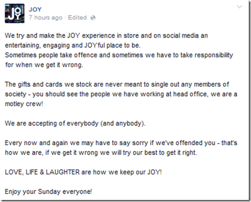 Joy Facebook Apology
