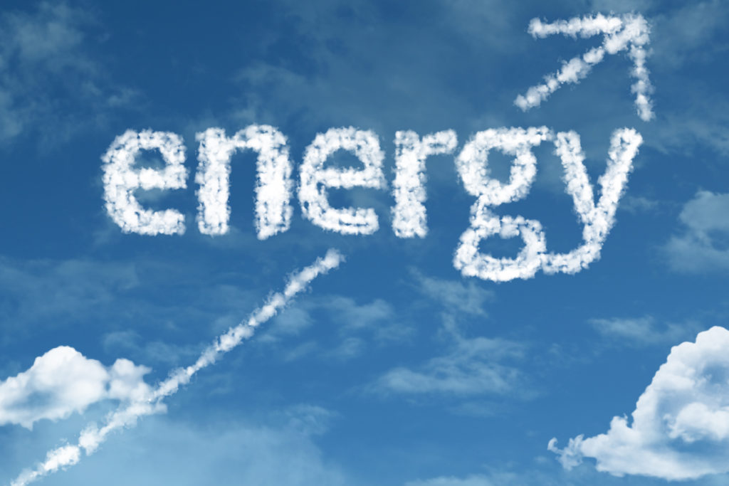 Word of "energy" in a blue sky