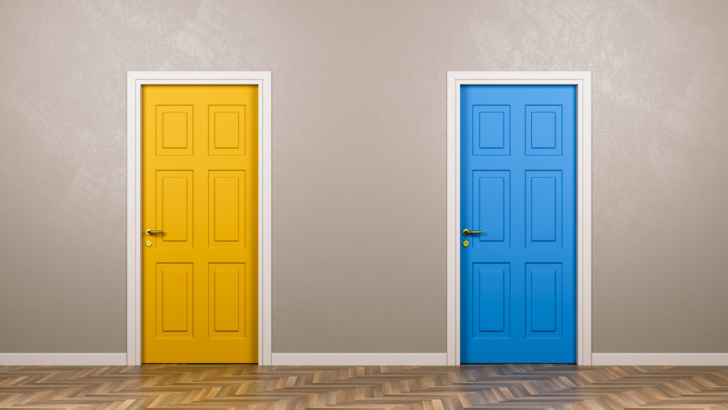 Two closed doors, one blue and one yellow