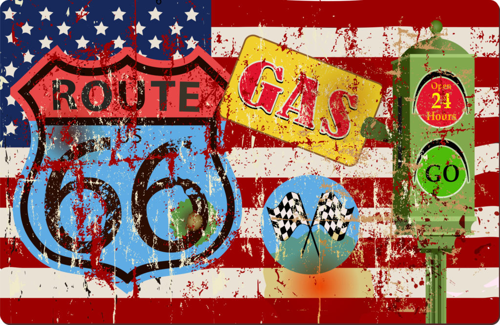 Retro vintage route 66 gas station sign and USA flag