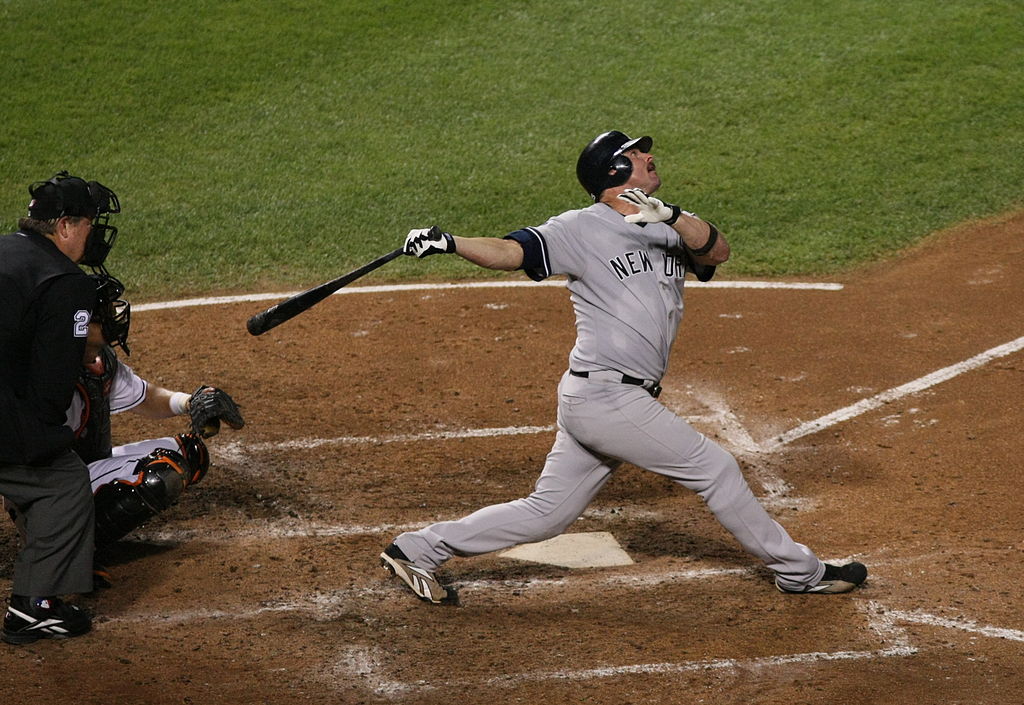 Professional baseball player Jason Giambi hits during a 2008 New York Yankees game