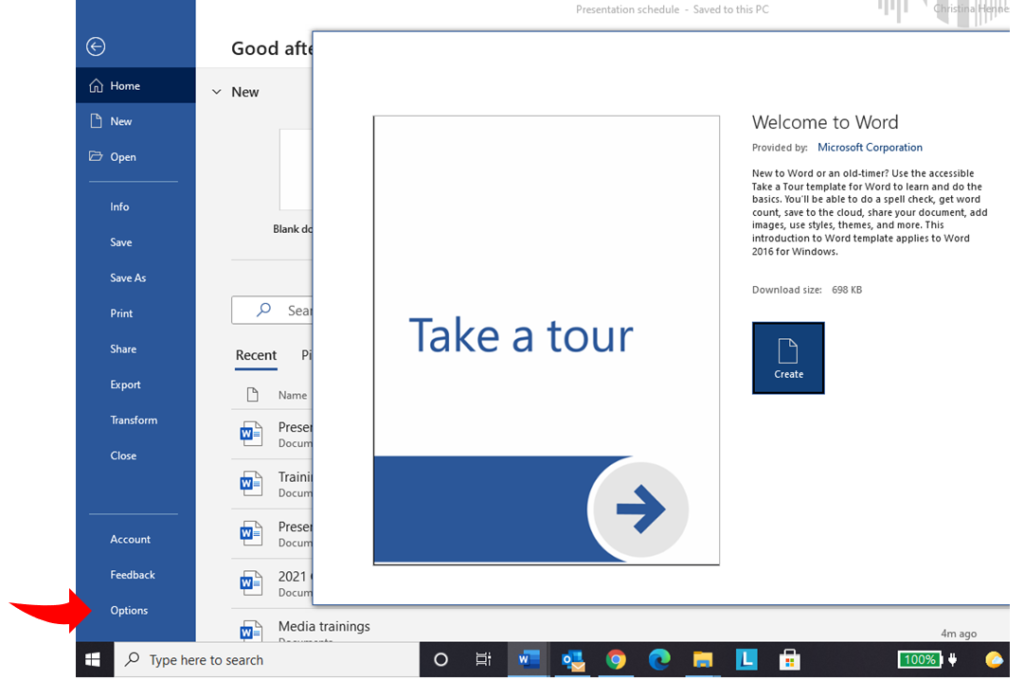 A screenshot of Microsoft Word's home page