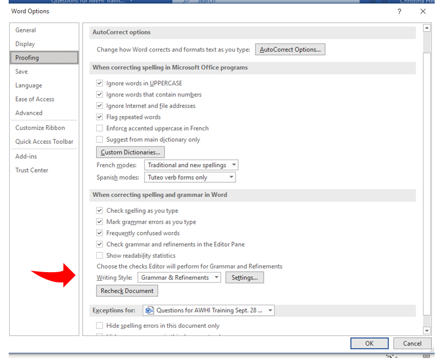 A screenshot of Microsoft Editor's settings menu