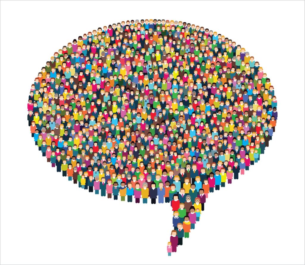 An image of a word bubble filled with a diverse group of people