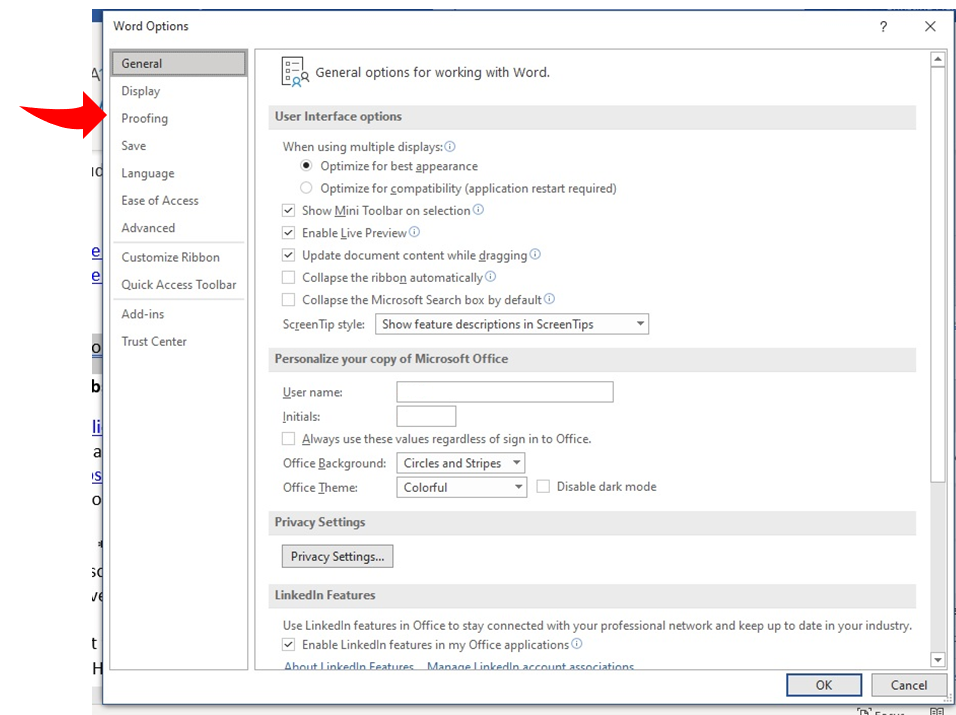 A screenshot of Microsoft Editor's settings menu