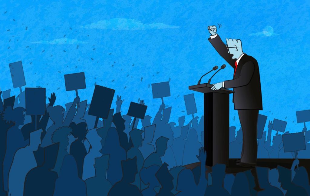 An illustration of a politician talking to a crowd